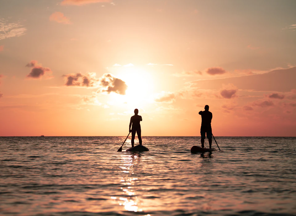 Two paddleboarders silhouetted against a bright sunset